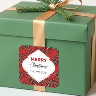 Adesivo Quadrado Artístico Feliz Natal Tartan Burgundy