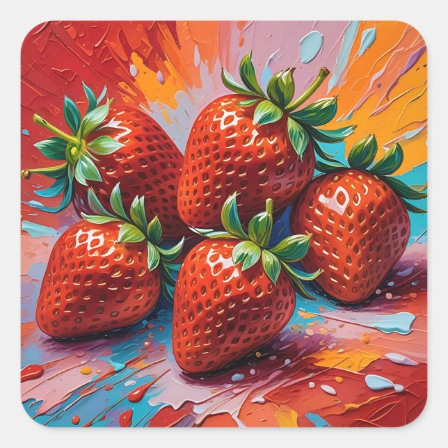 Adesivo Quadrado Artsy Colorful Paint Splattered Strawberry (Frente)