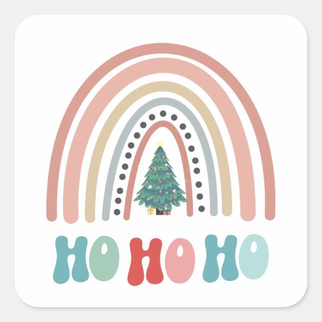 Adesivo Quadrado Árvore arco-íris de Natal com hohoho (Frente)