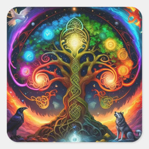 Adesivo Quadrado Árvore Celta Arco-Íris Vibrante com Lobos e Raven