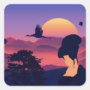 Adesivo Quadrado Árvore da gueixa do tema e ascensão Sun japonesa