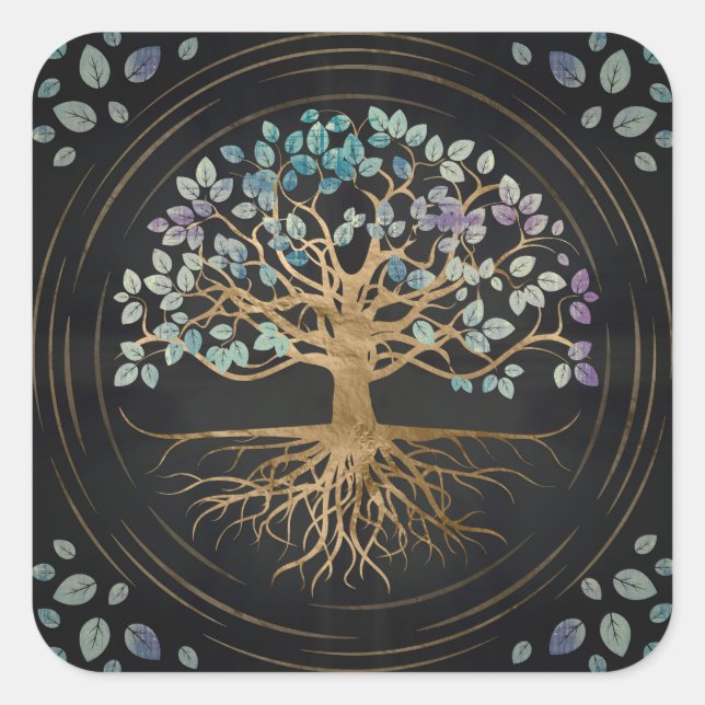 Adesivo Quadrado Árvore da vida - Yggdrasil - Textura Dourada e pin (Frente)