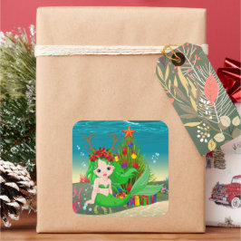 Adesivo Quadrado Árvore de algas de sereia de Natal bonito