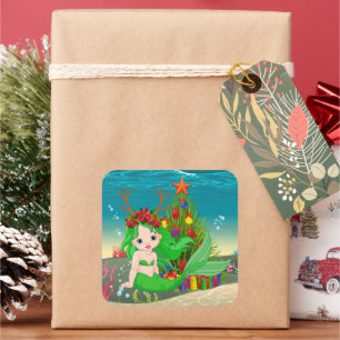 Adesivo Quadrado Árvore de algas de sereia de Natal bonito