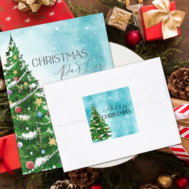 Adesivo Quadrado Árvore de Aquarela Azul Envelope de Natal Merry (Blue Watercolor Tree Merry Christmas Envelope Square Sticker)