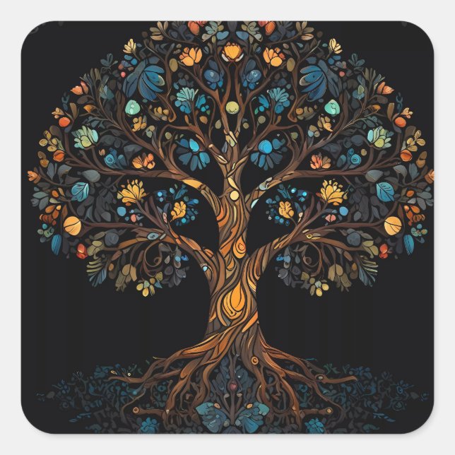 Adesivo Quadrado Árvore de mosaico de vitral (Frente)