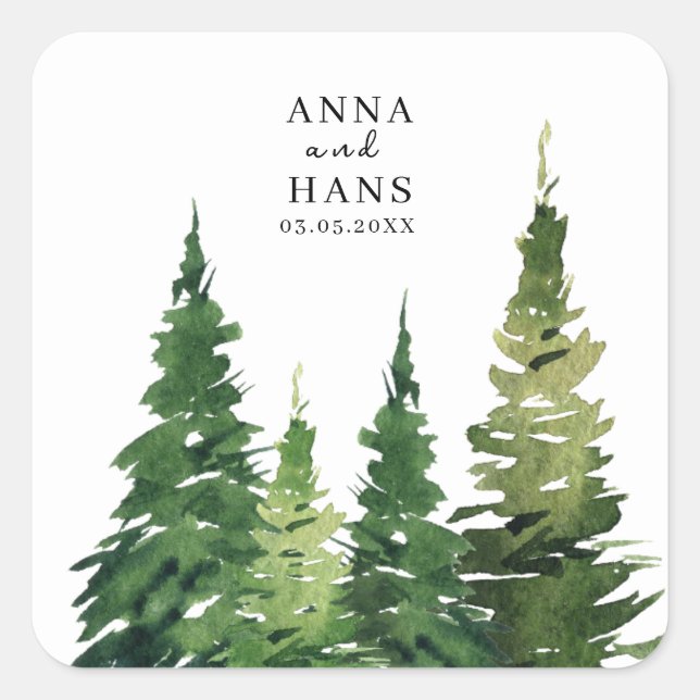 Adesivo Quadrado Árvore de Natal Aquarela Casamento Festivo (Frente)
