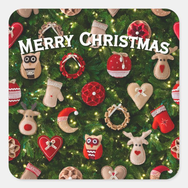 Adesivo Quadrado Árvore de Natal com brinquedos de feltro (Frente)