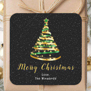 Adesivo Quadrado Árvore de Natal com Fita Verde e Dourada Feliz Nat