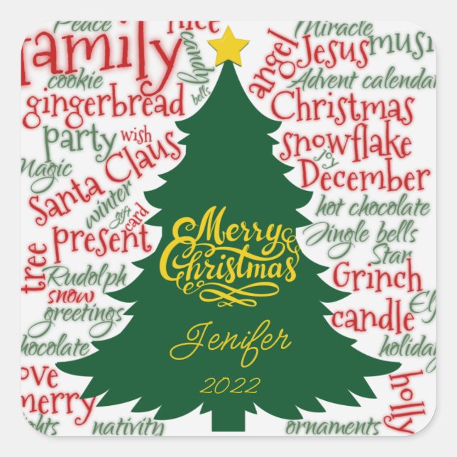 Adesivo Quadrado Árvore de Natal com o nome Gift (Frente)
