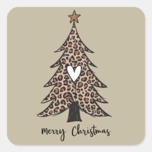 Adesivo Quadrado Árvore de Natal Coração Leopardo Presente Férias d