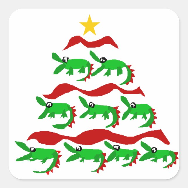 Adesivo Quadrado Árvore de Natal de Alligator Único Divertido (Frente)