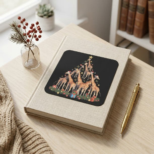 Adesivo Quadrado Árvore de Natal de Girafas Chapéus de Papai Noel V