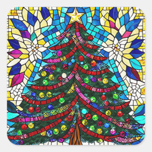 Adesivo Quadrado Árvore de Natal de Vidro Estreita com Ornamento a