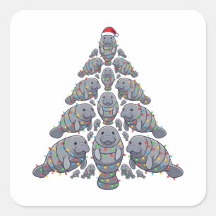 Adesivo Quadrado Árvore de Natal do Peixe-boi Chapéu de Papai Noel 