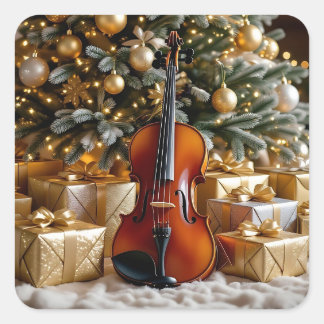 Adesivo Quadrado Árvore de Natal Dourada, Presentes e Violino