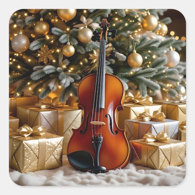 Adesivo Quadrado Árvore de Natal Dourada, Presentes e Violino (Frente)