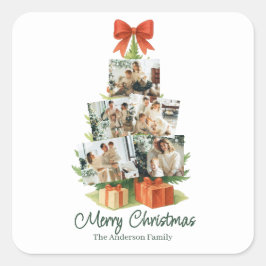 Adesivo Quadrado Árvore de Natal Elegante com Laço Vermelho e Prese