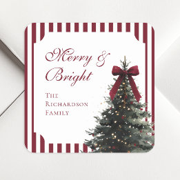 Adesivo Quadrado Árvore de Natal em Aquarela com Laço Burgundy Eleg