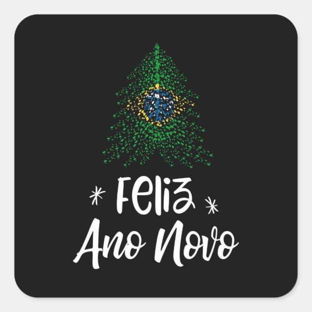 Adesivo Quadrado Árvore de Natal feliz ano novo com bandeira brasil (Frente)
