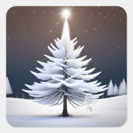 Adesivo Quadrado Árvore de Natal gelada com coelho de inverno