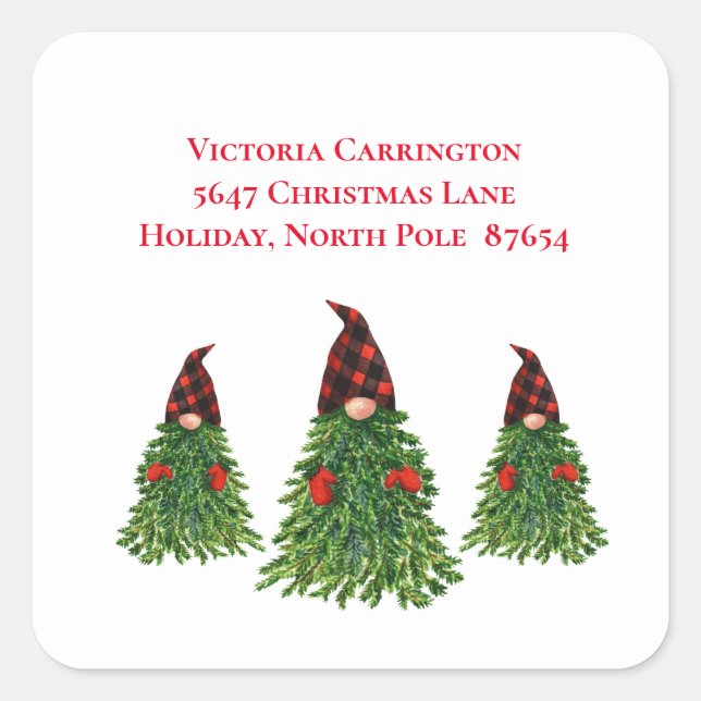 Adesivo Quadrado Árvore de Natal Gnome Xadrez Buffalo Endereço de R (Frente)