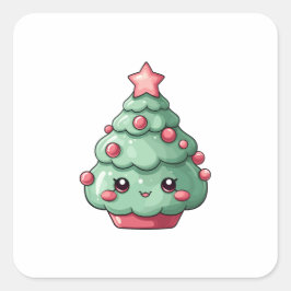 Adesivo Quadrado Árvore de Natal Kawaii, bonita com rosto sorrident