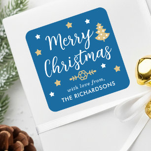 Adesivo Quadrado Árvore de Natal Moderna Nome da Família Azul Perso
