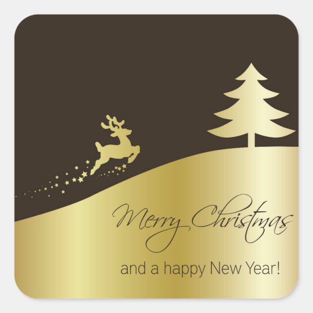 Adesivo Quadrado Árvore de Natal ouro com Reindeer (Frente)
