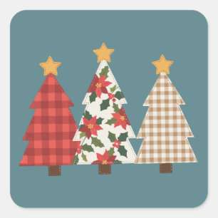 Adesivo Quadrado Árvore de Natal Remendo Vintage Xadrez Vermelho Fe