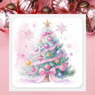 Adesivo Quadrado Árvore de Natal Rosa Vintage Moderna Simples Elega