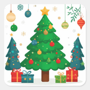 Adesivo Quadrado Árvore de Natal Tradicional Com Enfeites Coloridos