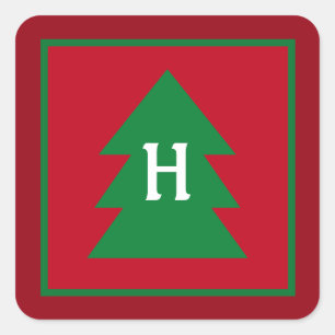 Adesivo Quadrado Árvore de Natal Vermelho Escuro Elegante Inicial P