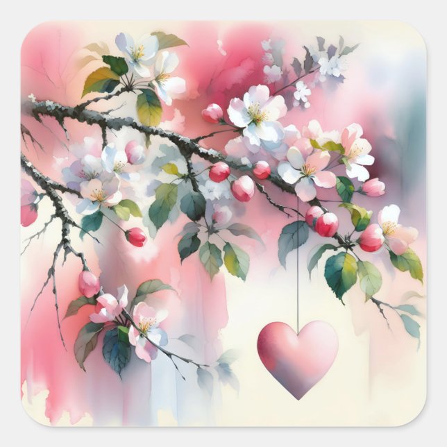 Adesivo Quadrado Árvore de Tóquio em Aquarela Com Coração  (Frente)