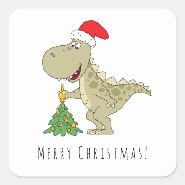 Adesivo Quadrado Árvore Feliz de Natal Dinossauro Santa Hat (Frente)