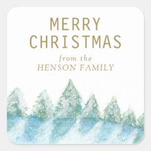 Adesivo Quadrado Árvore Natal Aquarela Floresta Neve Artística