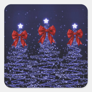 Adesivo Quadrado Árvores Brilhantes de Natal Azul Marinho com Laço 