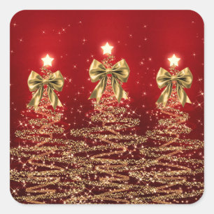 Adesivo Quadrado Árvores Brilhantes de Natal Vermelho Dourado com L