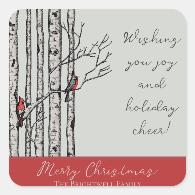 Adesivo Quadrado Árvores de Aves Modernas e Aves Cardinais Vermelha (Frente)