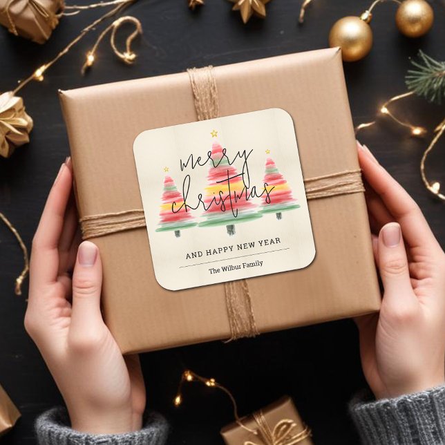 Adesivo Quadrado Árvores de Natal de Aquarela (Merry Christmas Watercolor Stripes Christmas Trees 3" Square Stickers)
