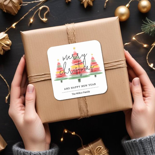 Adesivo Quadrado Árvores de Natal de Aquarela (Merry Christmas Watercolor Christmas Trees Square 3" Stickers)