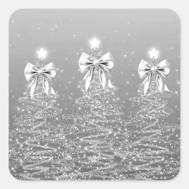 Adesivo Quadrado Árvores de Natal Espelhadas Prata com Laço de Faux (Frente)