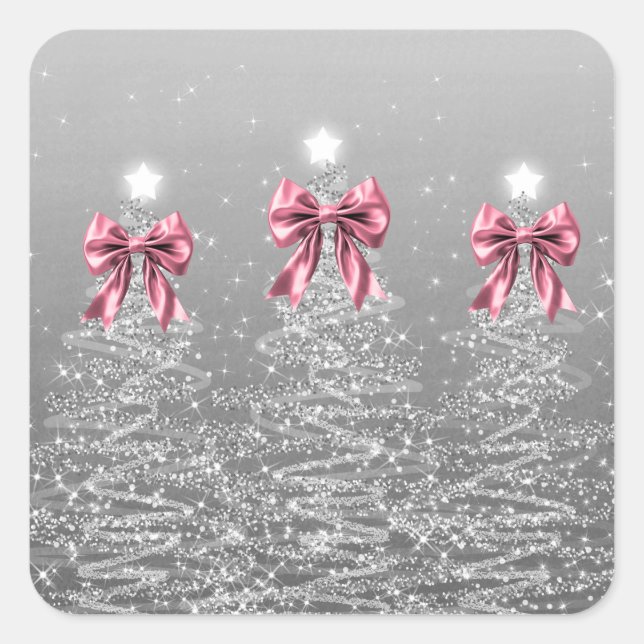 Adesivo Quadrado Árvores de Natal Espelhadas Prata com Laço Rosa Fa (Frente)