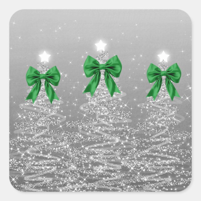 Adesivo Quadrado Árvores de Natal Espelhadas Prateadas com Laço Ver (Frente)