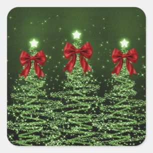 Adesivo Quadrado Árvores de Natal Espelhadas Verde com Laço Vermelh