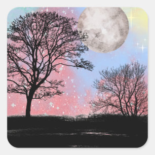 Adesivo Quadrado Árvores E Lua, Céus, De Cores Aquáticas, Rosa E Az