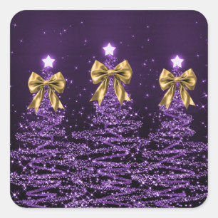 Adesivo Quadrado Árvores Reluzentes de Natal Roxo com Laço de Ouro 