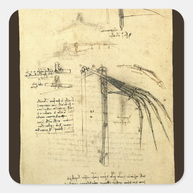 Adesivo Quadrado Asa de Leonardo da Vinci no esboço da máquina voad (Frente)