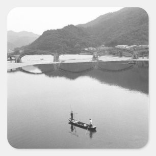 Adesivo Quadrado Ásia, Japão, Iwakuni. Pescadores e ponte histórica