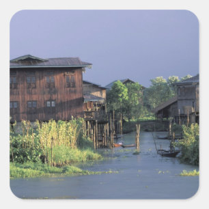 Adesivo Quadrado Ásia, Myanmar, Lago Inle. Uma vila flutuante sobre